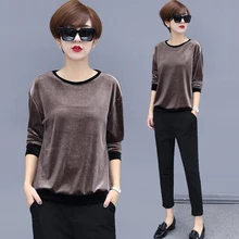 Новая весенняя женская рубашка свободного кроя с круглым вырезом, футболка, сплошной цвет, короткий параграф, золотой бархат, с длинными рукавами, dd90