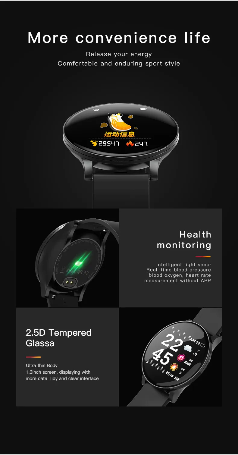 Смарт-часы W8 с монитором сердечного ритма, погодным тестом, фитнес-часы с напоминанием о звонках, Водонепроницаемый Bluetooth Смарт-браслет