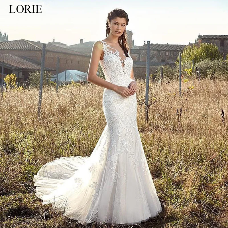 

LORIE Meimaid Wedding Dress 2019 Tulle with Lace Appliques Bride dress Sexy Open Back vestido de noiva White Ivory Gown New