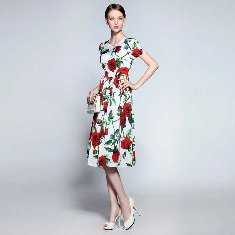 

MIUXIMAO High Quality Dress Sicily Newest Summer Fashion Slim Elegant Red Flower Vintage White Casual Knee-Length Dress Women