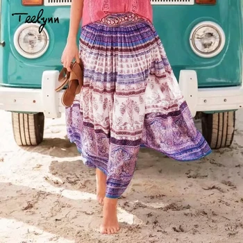 

TEELYNN maxi skirt for women Rayon purple floral print large swing boho skirt beach wear Casual Hippie long skirts chic falda