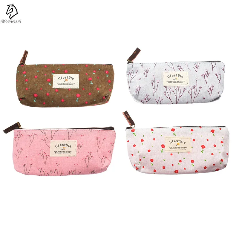 

New Arrival Cute Kawaii Floral Flower Canvas Zipper Pencil Cases Lovely Fabric Flower Tree Pen Bags School Supplies