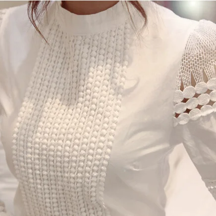 

New Women Blouses Slim Bottoming Long-sleeved White Shirt Lace Hook Flower Hollow Plus Size S-5XL
