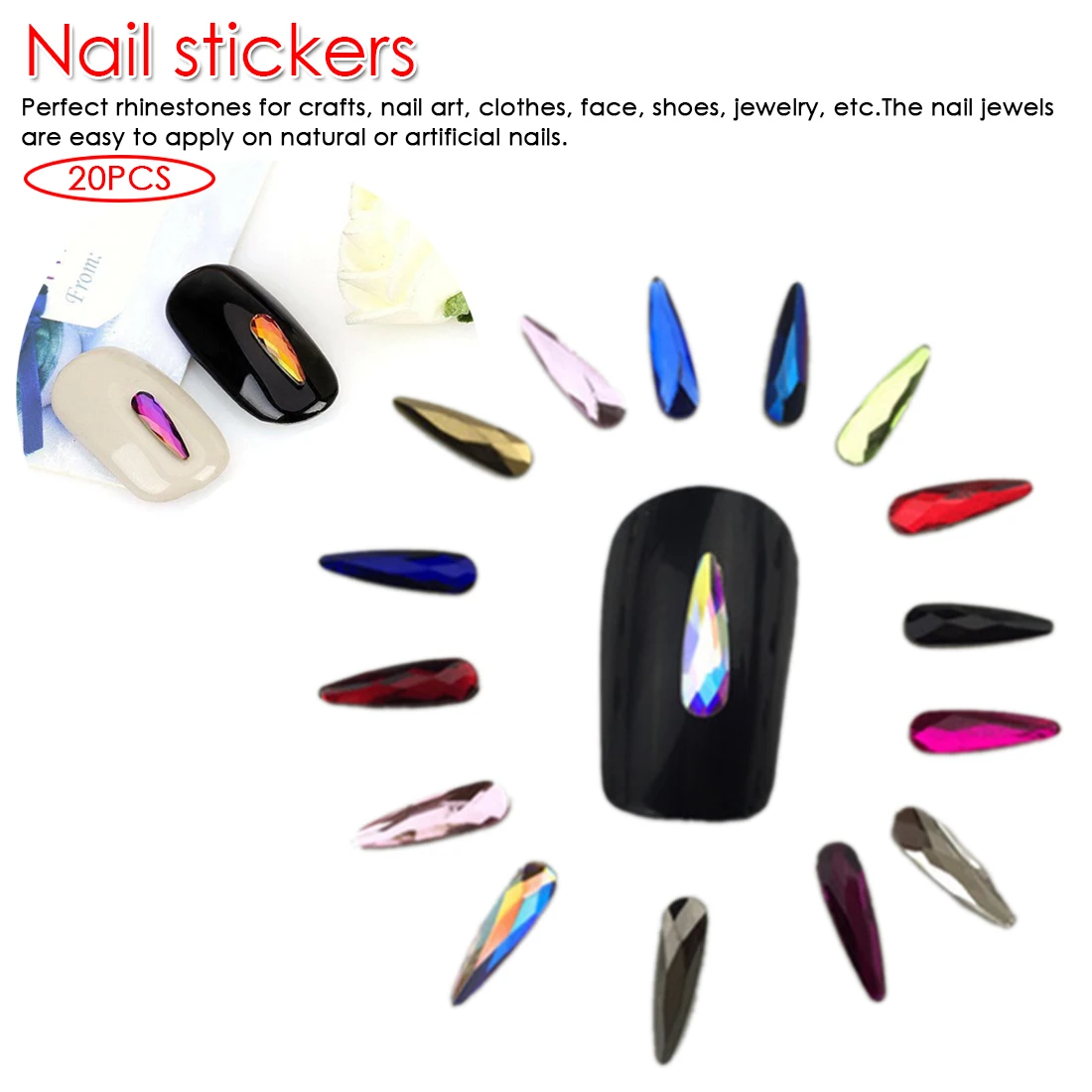 

Nail Art Rhinestones 20Pcs/Pack Flat Shaped Elongated Teardrop Rectangle Glass Flame Colorful Stones For 3D Nails Decoration