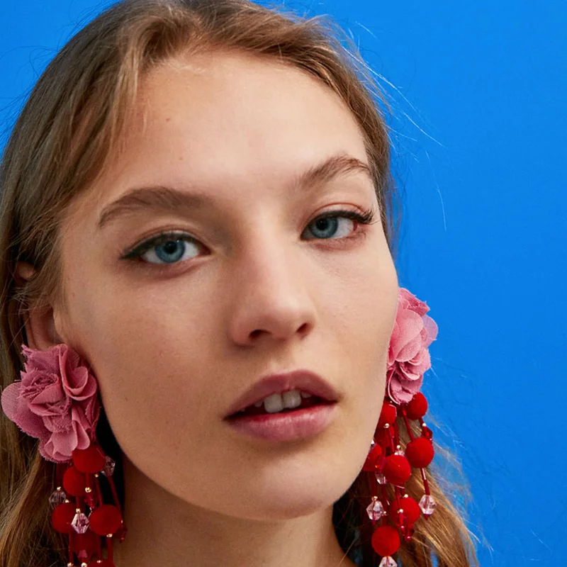 

JUJIA Bohemian Long Flower Earrings Pom Pom Big Statement Earrings Fringe Drop Earrings Women Jewelry