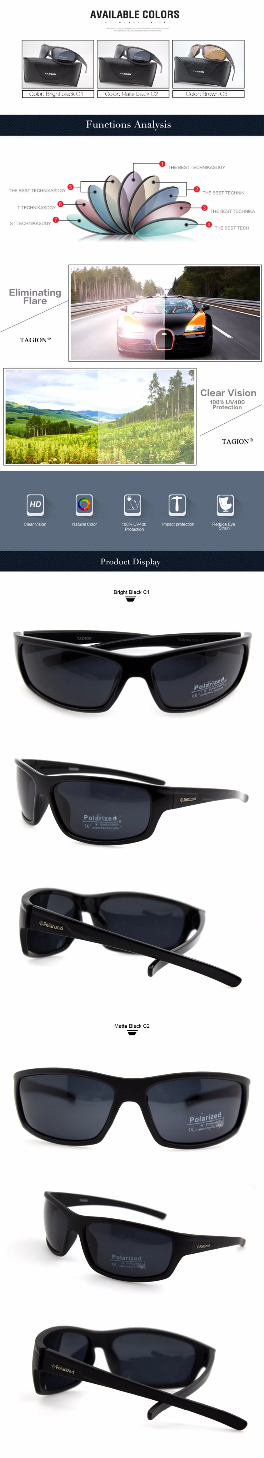 TAGION, мужские спортивные солнцезащитные очки, поляризационные, уф400, уличные очки, линзы для вождения, черные очки без коробки, TG5104