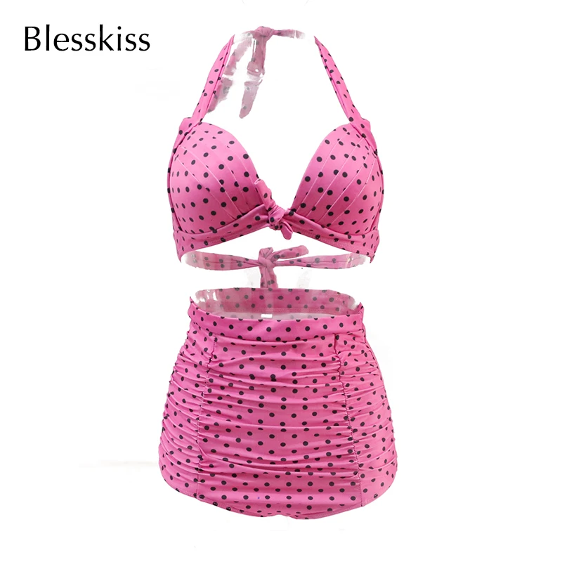 

High Waisted Swimsuit Bikini Women Swimwear Plus Size Pink Polka Dot Padded Push Up Bathing Suit For Female Large Biquinis