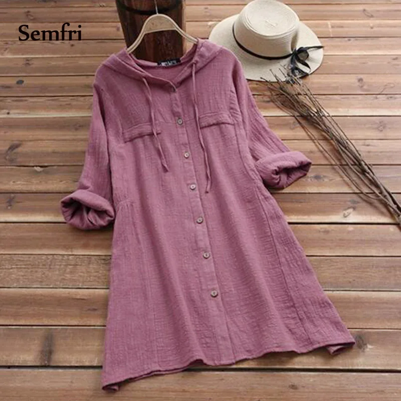 

Semfri Linen Blouse with Hood Long Shirt Women Tops and Blouses Plus Size 5XL 100% Cotton Skin-friendly Sweat Absorption Tops