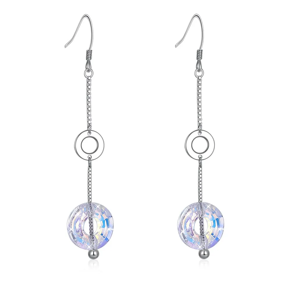 

INALIS 925 Sterling Silver Two Round Circle Annulus Crystal Long Chain Pendant Dangle Earrings Crystals from Swarovski Earrings