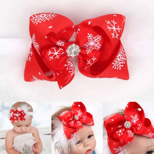 

2018 Pretty Baby Girl Christmas Headband Girls Bow Lace Princess Headwear Elastic Hairband Snowflake Print Bowknot Headwear