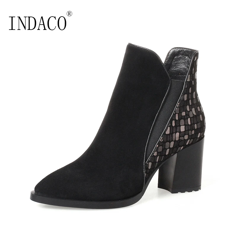 

2018 Winter Women Leather Boots Black Thick High Heel Shoes 7cm Martin Shoes Suede Kid Big Size 34-42 Ankle Boots for Women