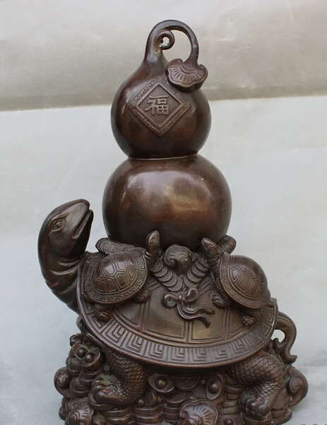 

007010 14" Chinese Pure Bronze Fu Gourd On Shou Sea Turtle RuYi YuanBao Coin Statue