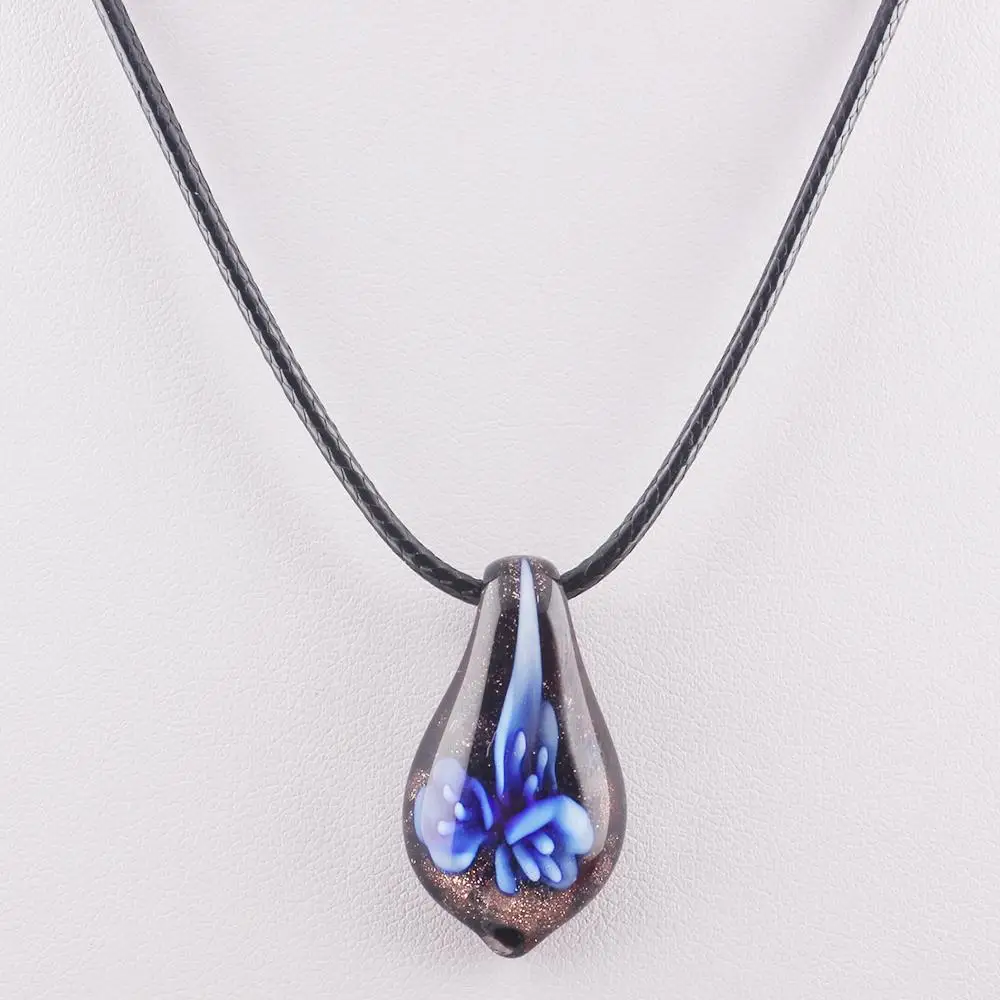 Image Unique style Fashion Flower Lampwork Water Drop Shape Murano Glass Pendant Necklace Women Leather Chain Necklace JJAL N414