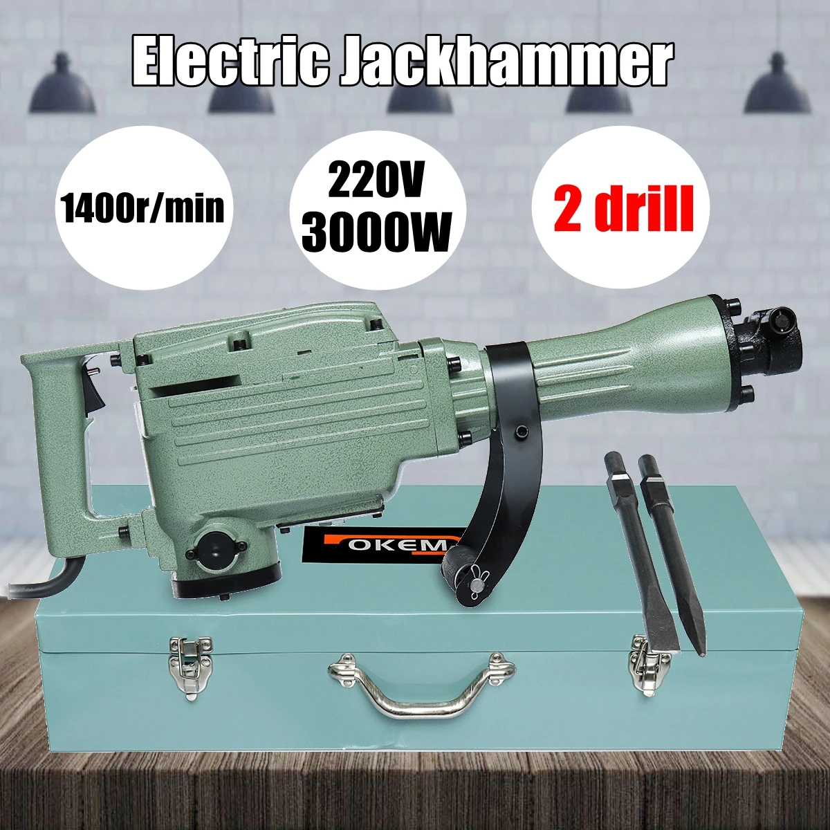 

220V 3000W 1400r/min Electric Demolition Jack Hammer Concrete Breaker Drill Chisel Tool Kit NEW