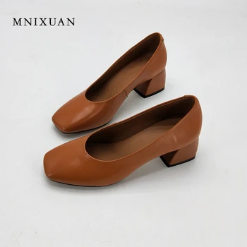 

MNIXUAN office ladies shoes women pumps 2018 new arrival square toe block heels height 5cm solid shallow big size 34-43 black