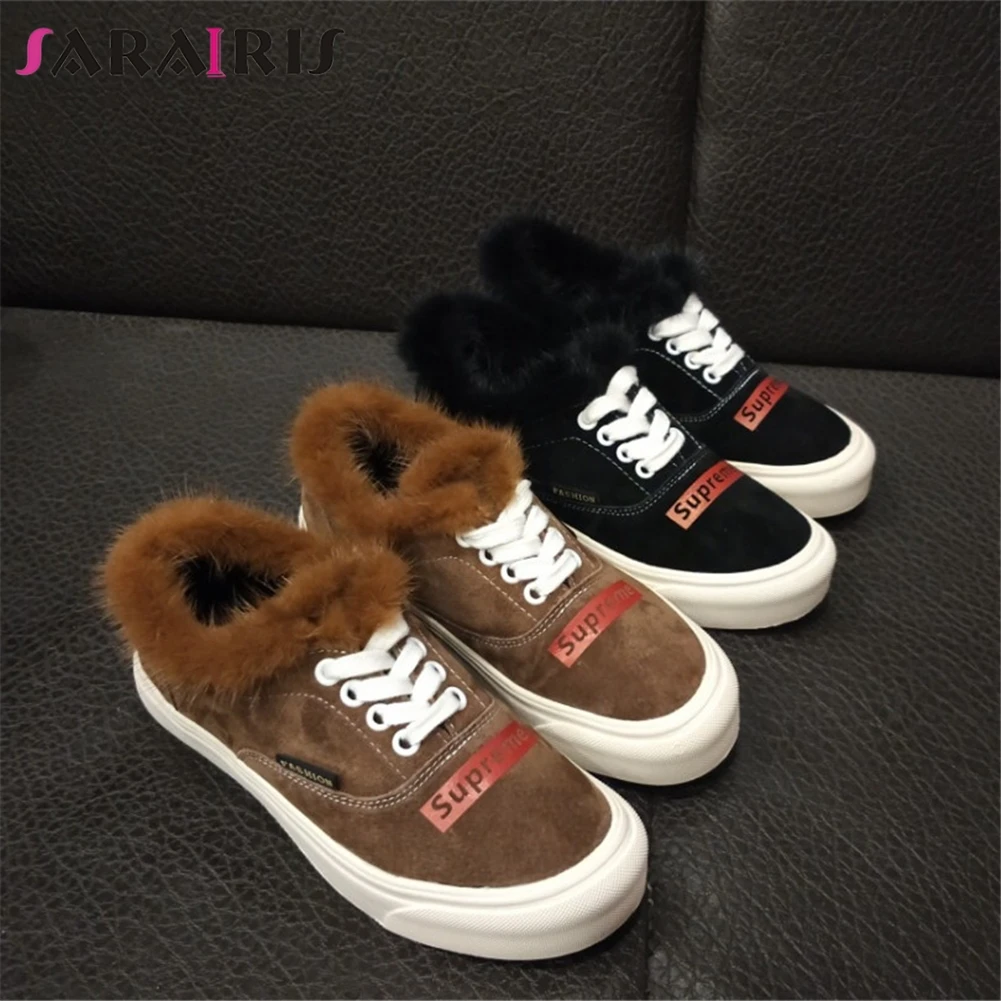 

SARAIRIS New Size 35-39 Solid Flat With Lace Up Round Toe Shoes Woman Casual Comfortable Winter Spring Fur Flats Black