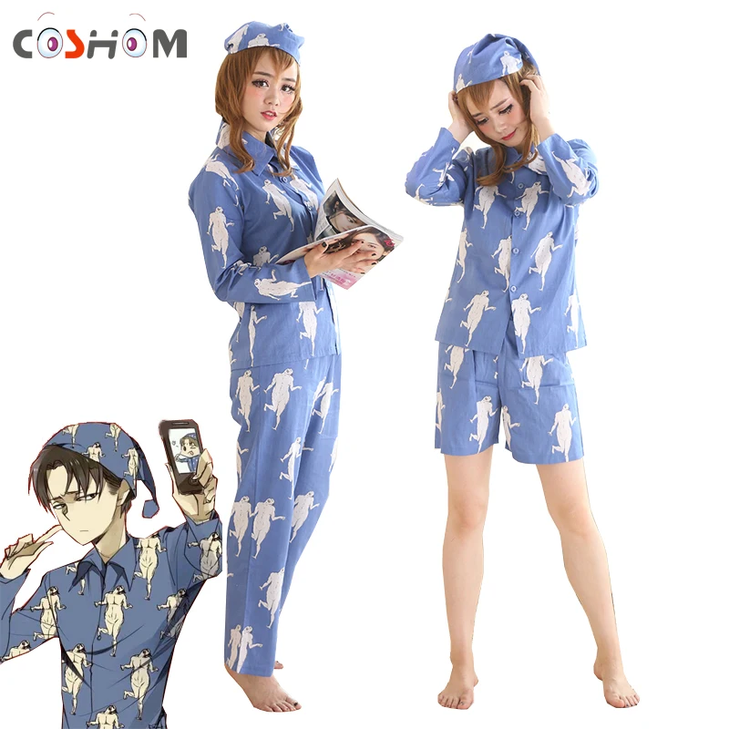 Kopen Coshome Levi Pyjama Sleepwears Aanval op Titan Pyjamas Shingeki Geen Kyojin Cosplay Kostuums Volwassen Pijamas Tops Broek Met Hoeden