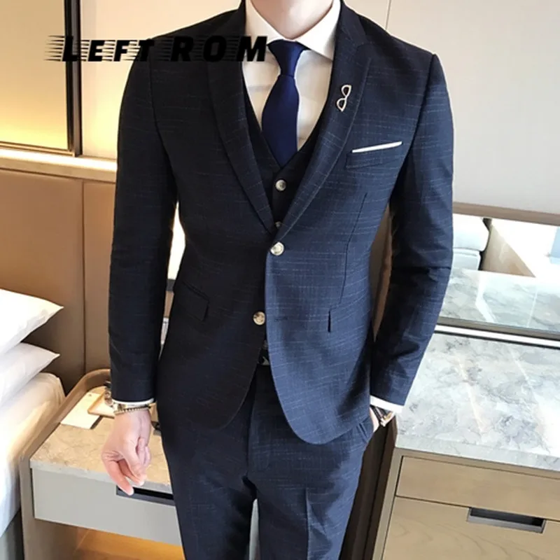 

( Jacket + Vest + Pants ) Fashion Boutique Plaid Men's Business Casual Suits / Groom Wedding Dress Plaid Mens Slim Formal Suits