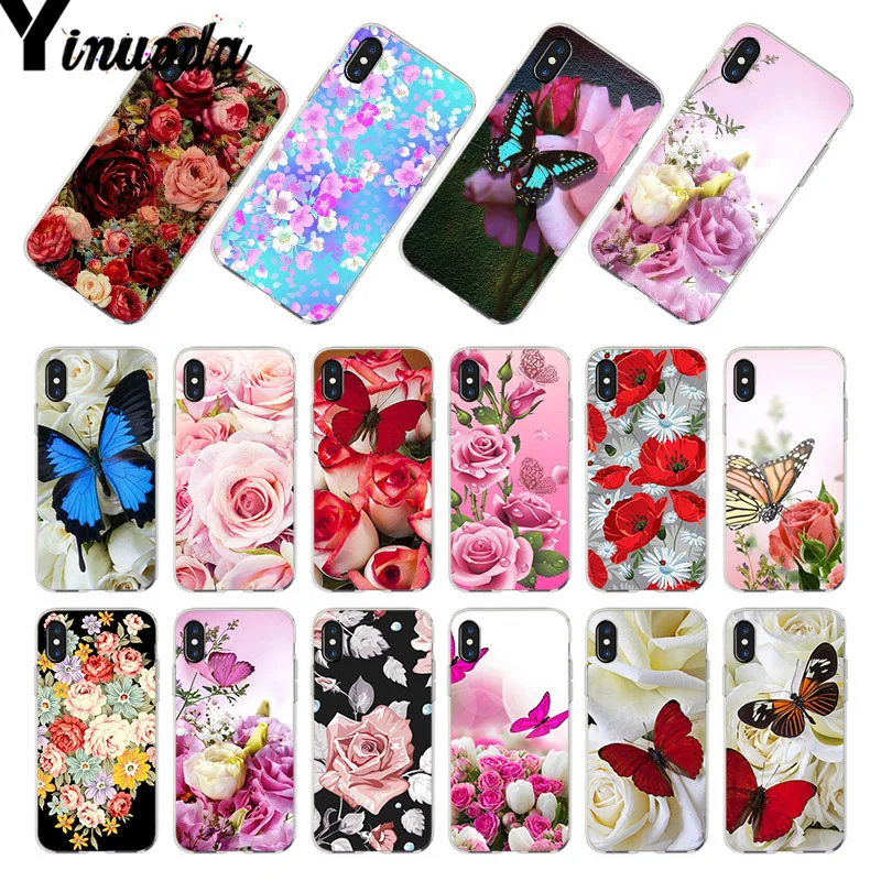 

Yinuoda For iphone 7 6 X Case Red butterfly on white roses flower Phone Case for iPhone 8 7 6 6S Plus 5S SE 5C 4S XR XS MAX
