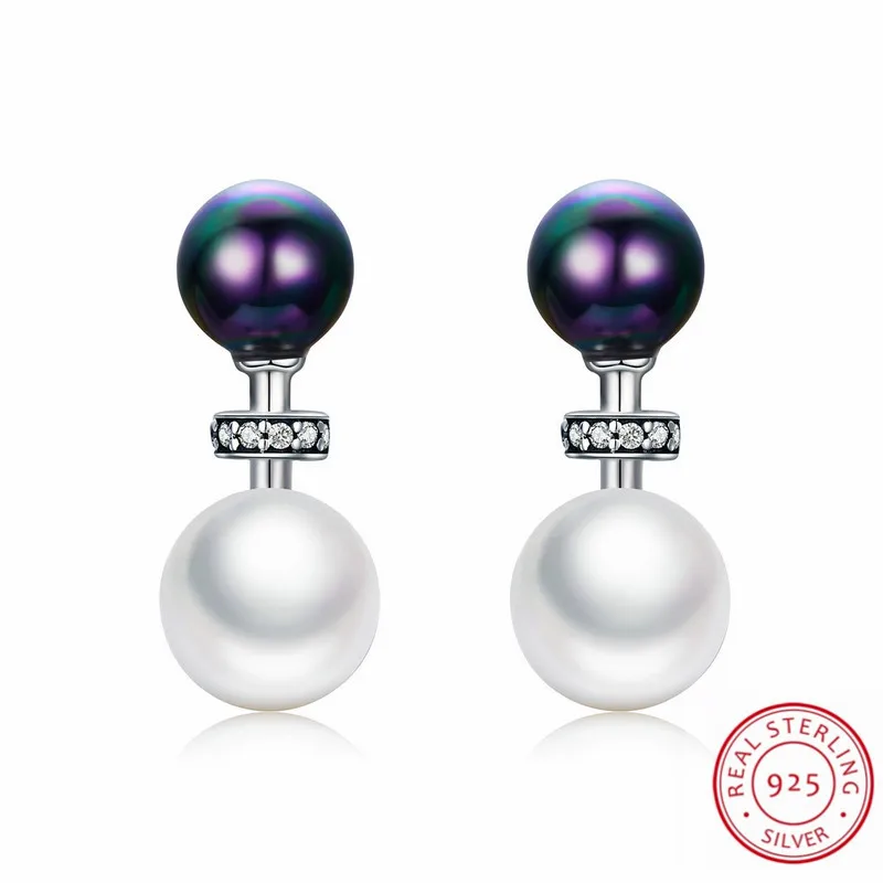 

Authentic 925 Sterling Silver Black & White Pearl Earrings for Women Fashion Elegant Jewelry Trinket High Quality Hot Selling