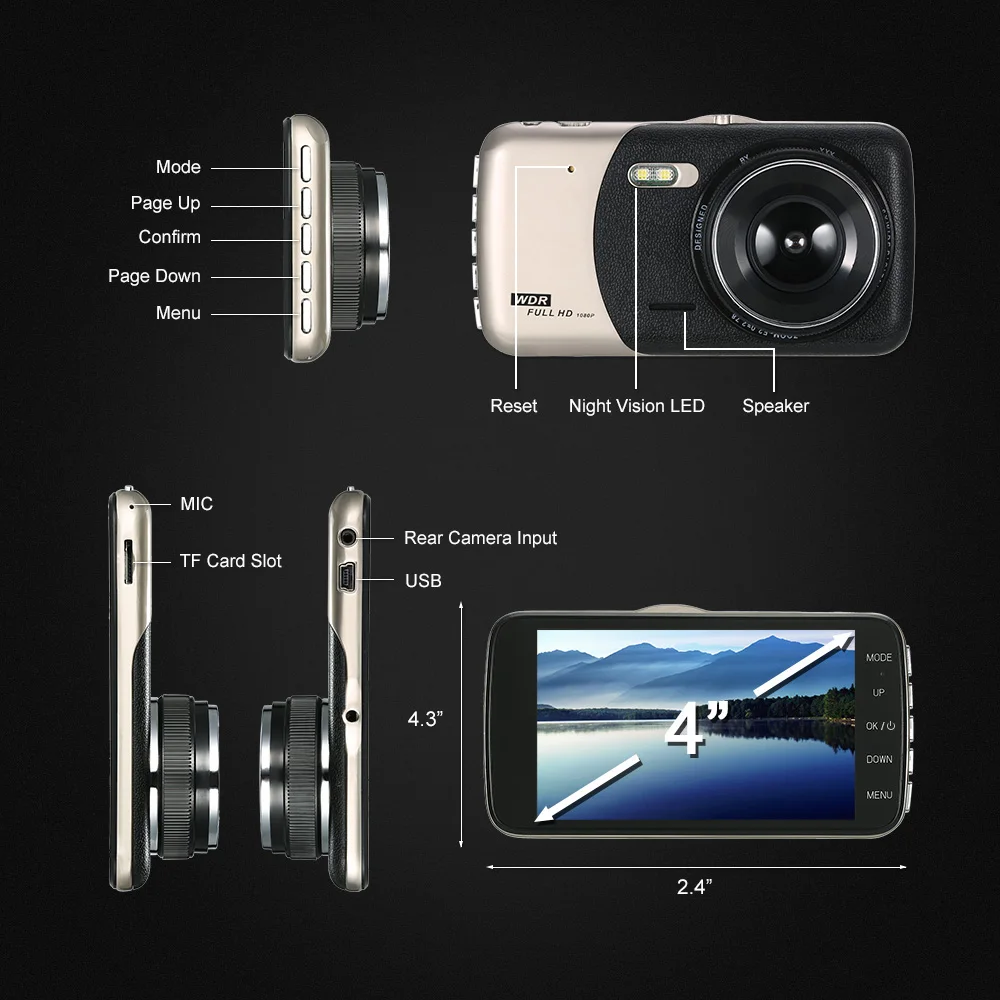 " Автомобильный видеорегистратор видеокамера видеорегистратор Dashcam Dash камера двойной объектив СВЕТОДИОДНЫЙ ночное видение/Обнаружение движения/циклическая запись