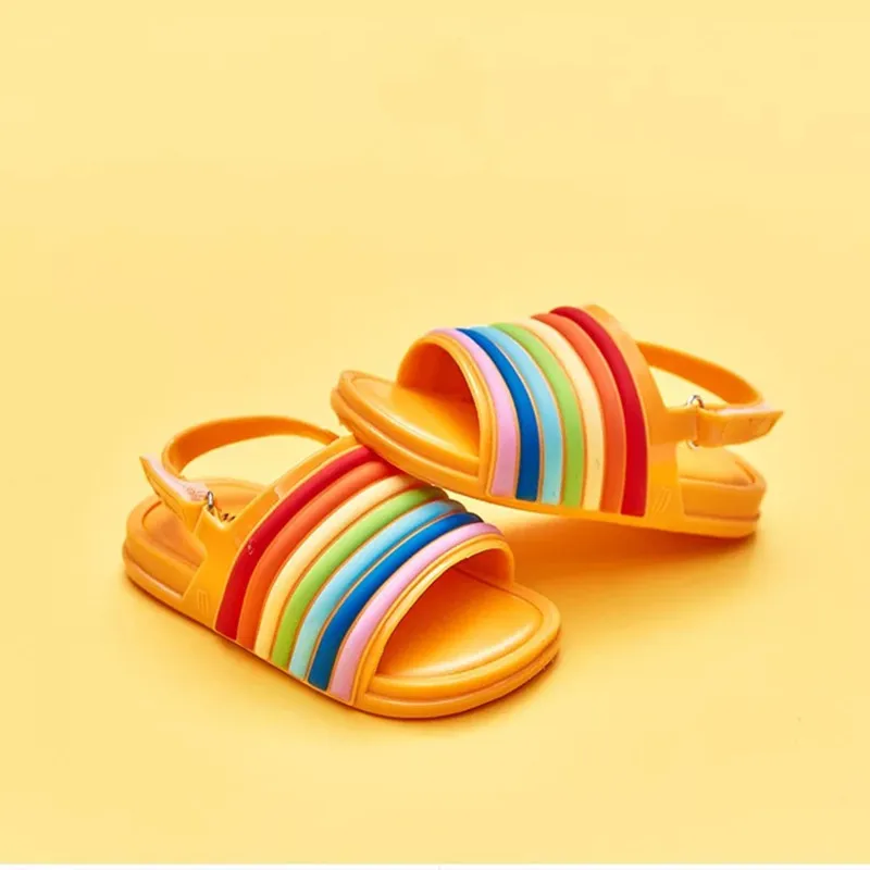 Mini Melissa/Новинка года; прозрачные сандалии в радужную полоску; обувь для девочек; нескользящие пляжные сандалии для девочек; Детские прозрачные сандалии Melissa