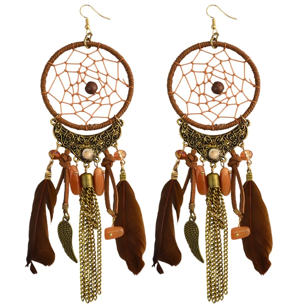  Dream Catcher Big Long Tassel Dangle Earring Bohemian Feather Rope Wrap Drop Earrings Women Ethnic Tribal Jewelry ET7 (7)