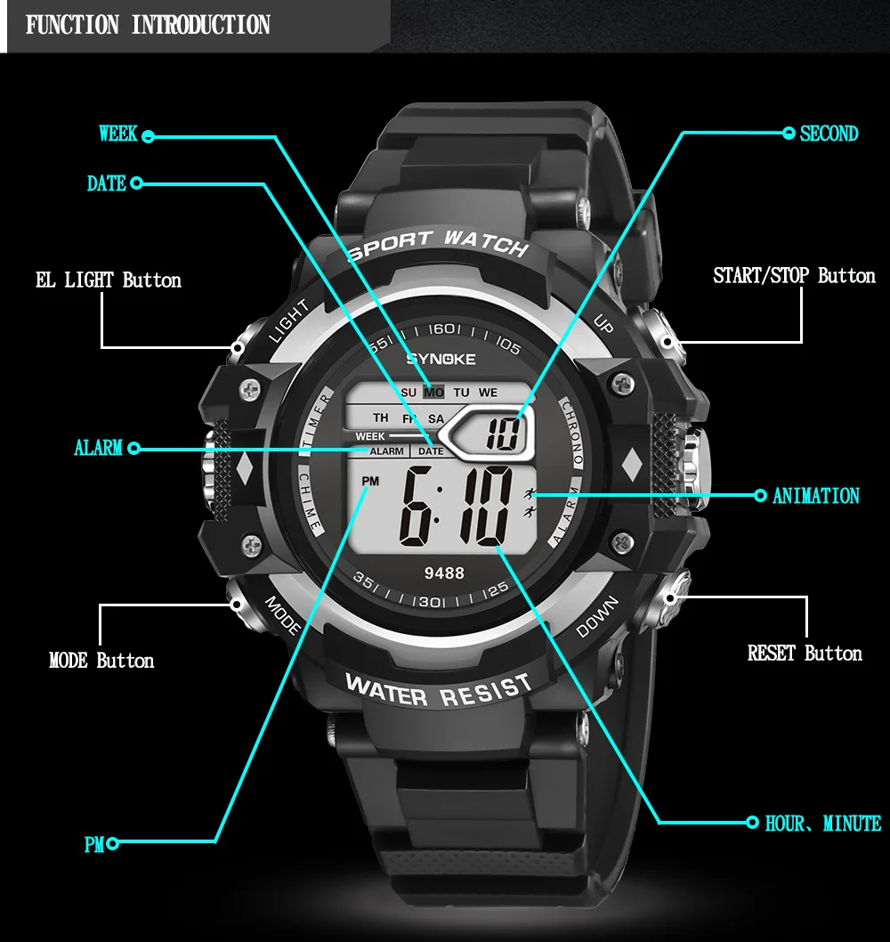 SYNOKE мужские модные электронные часы, многофункциональные, для спорта на открытом воздухе, для фитнеса, G стиль, часы, топовый бренд, роскошный светильник