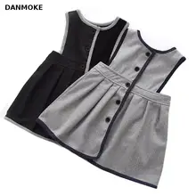 Розничная, зимнее шерстяное платье для девочек, серое, черное платье на бретелях с пуговицами для девочек, элегантная осенняя одежда, платье для девочек, рождественский подарок