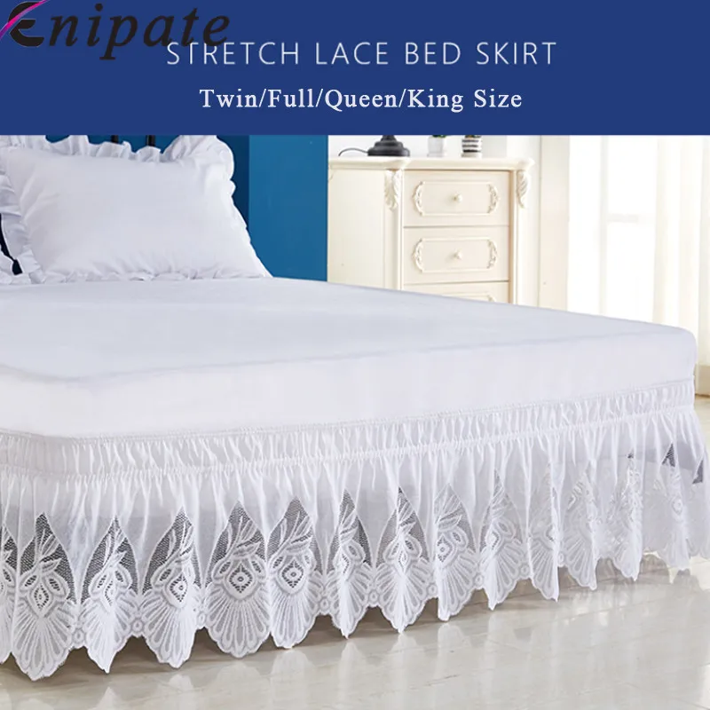 Enipate Lace Ruffles Pure Color Bed Skirt High Quality Elastic Loose Bed Apron Bed Skirt Twin Full Queen King Size Bed Decor