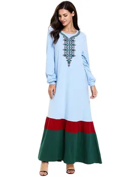

Autumn Women's Dress Light Blue Color Stitching Embroidered Long Sleeve Dresses O-neck Muslim Robe Casual Maxi Dress TA7697