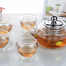 1х чайный набор-500 мл термостойкий стеклянный QX чайник с заваркой и крышкой из нержавеющей стали+ 4 х 90 мл чашки с двойными стенками