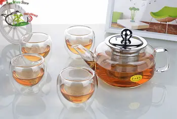 

1x Tea Set -500ml Heat Resistant Glass QX Teapot with Stainless steel Infuser & Lid+4x 80ml Double Wall Cups