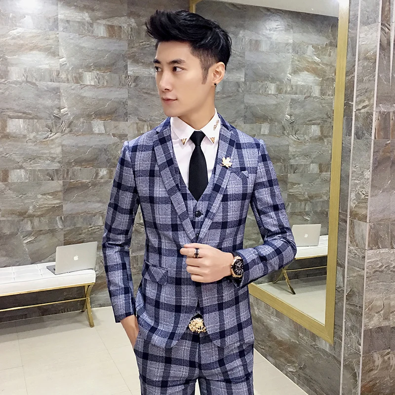 Fashion Mens Plaid Suits Slim Fit Men Blazer Jacket with Vests and Pants 2019 New Man Wedding Suits