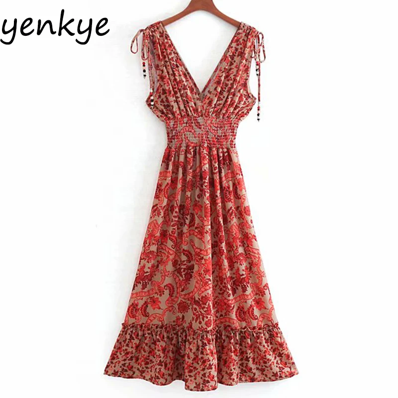 

Summer Dress 2019 Women Drawstring Shoulder Floral Print Dress Elegant Lady V Neck Sleeveless Elastic Waist A-line Long Dress