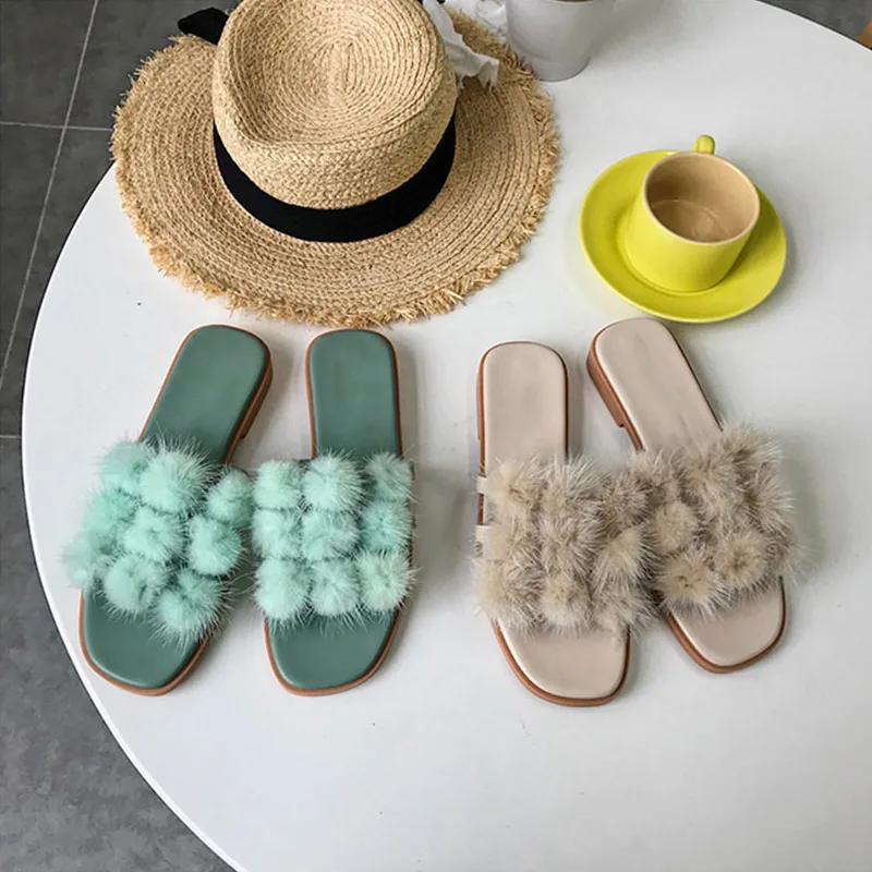 

MONMOIRA Faux Fur Pom Pom Flat Sandals Women Slip on Summer Shoes Women Open Toe Solid Slipper Sandals Women SWC0635