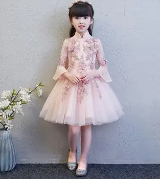 

2018 High Quality Handmade Flower wedding Girls Dress Pink Lace applique Girls Birthday Party Dress Princess ball Gown dress