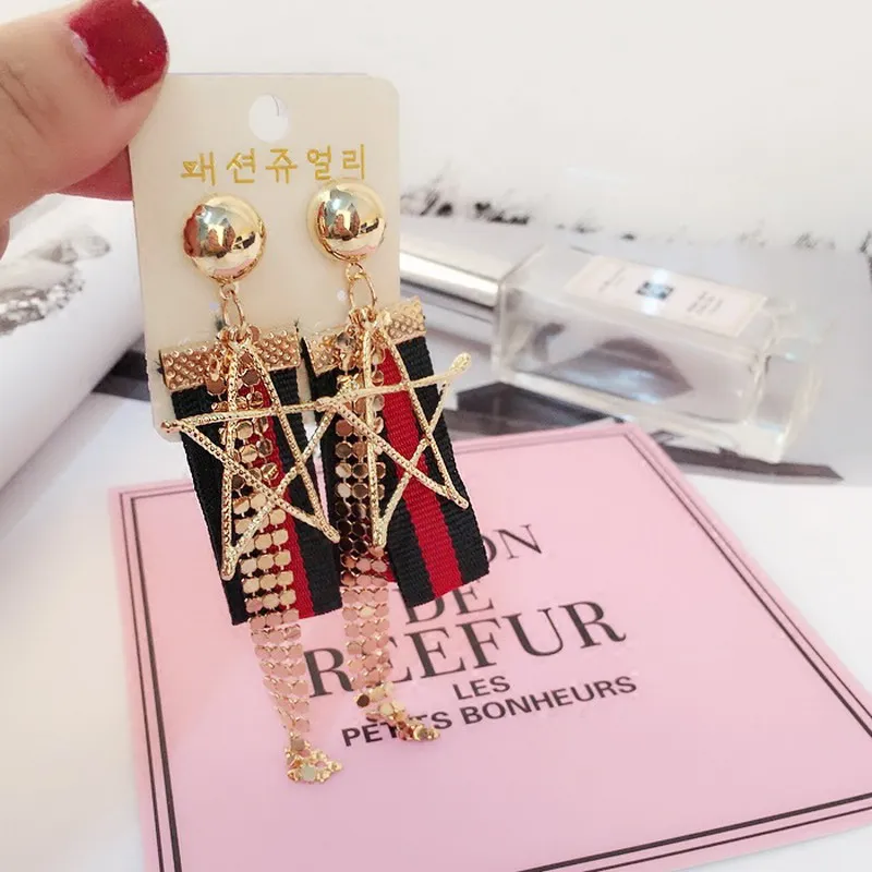 Korean Women Big Star Drop Earrings Stripe Ribbon Pentagram Long Chain Tassel For Girls Party Jewelry | Украшения и аксессуары