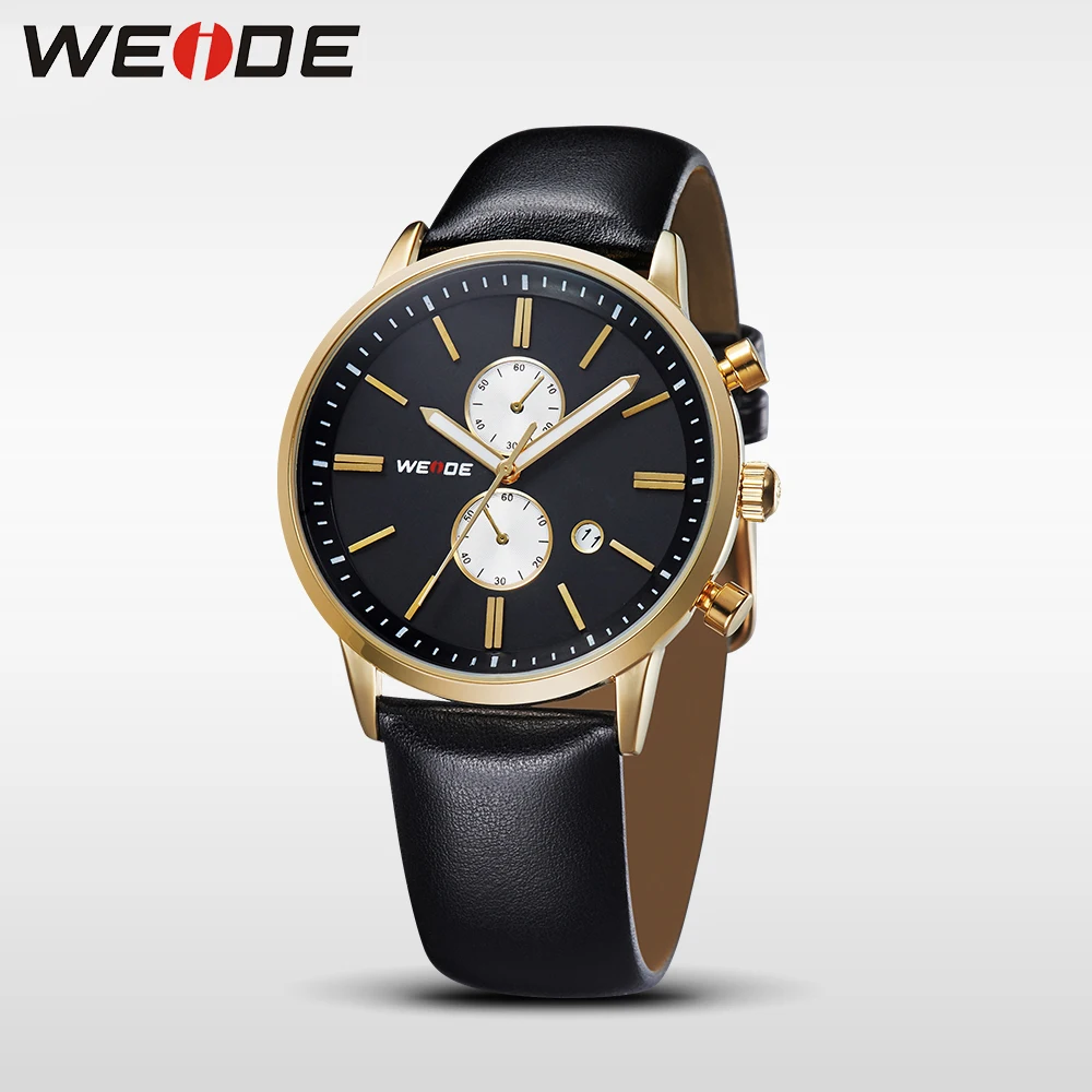 WEIDE Brand Business Casual Black Gold Watch Men Genuine Leather Strap Japan Quartz Movement Calendar 3ATM Waterproof Wristwatch
