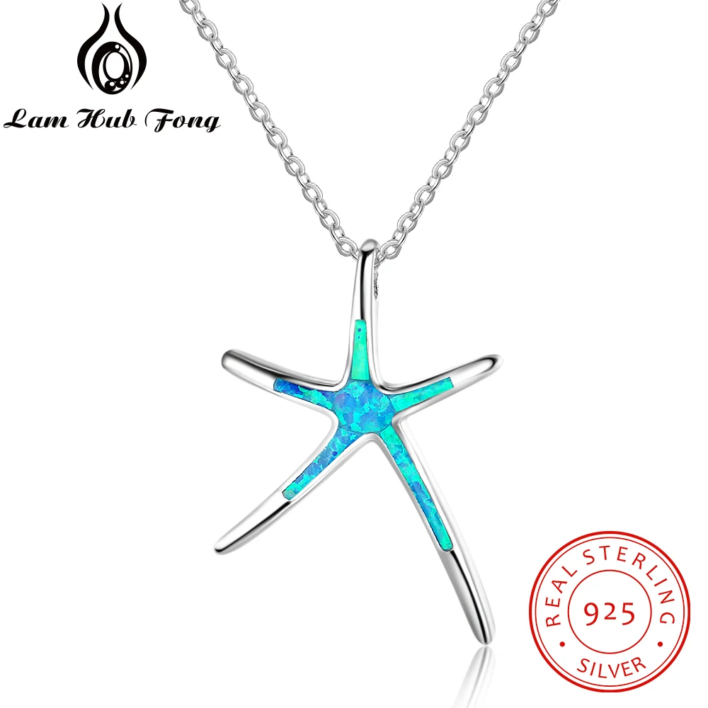 

100% 925 Sterling Silver Cute Pendant Necklace Blue Opal Stone Costume Jewelry Starfish Pendants for Women (Lam Hub Fong)
