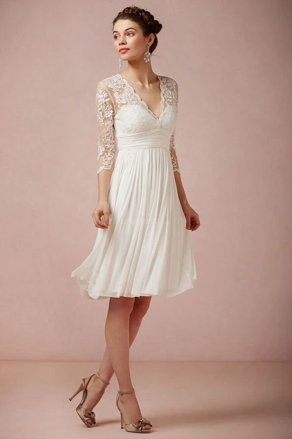 

Deep V 3/4 Sleeves Applique Pleats Empire A Line Knee Length Bridal Gown Zipper vestido de noiva 2018 bridesmaid dresses