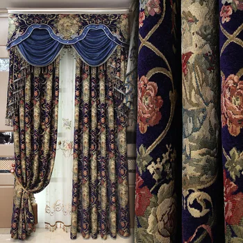 

Custom curtains luxury European thickening high-class chenille Jacquard blue cloth blackout curtain tulle valance drapes N446