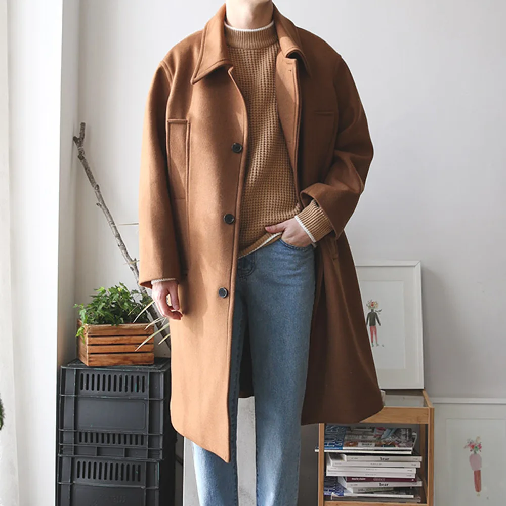 Повседневный корейский стиль, мужское шерстяное пальто, длинное кашемировое пальто, однобортное Мужское пальто