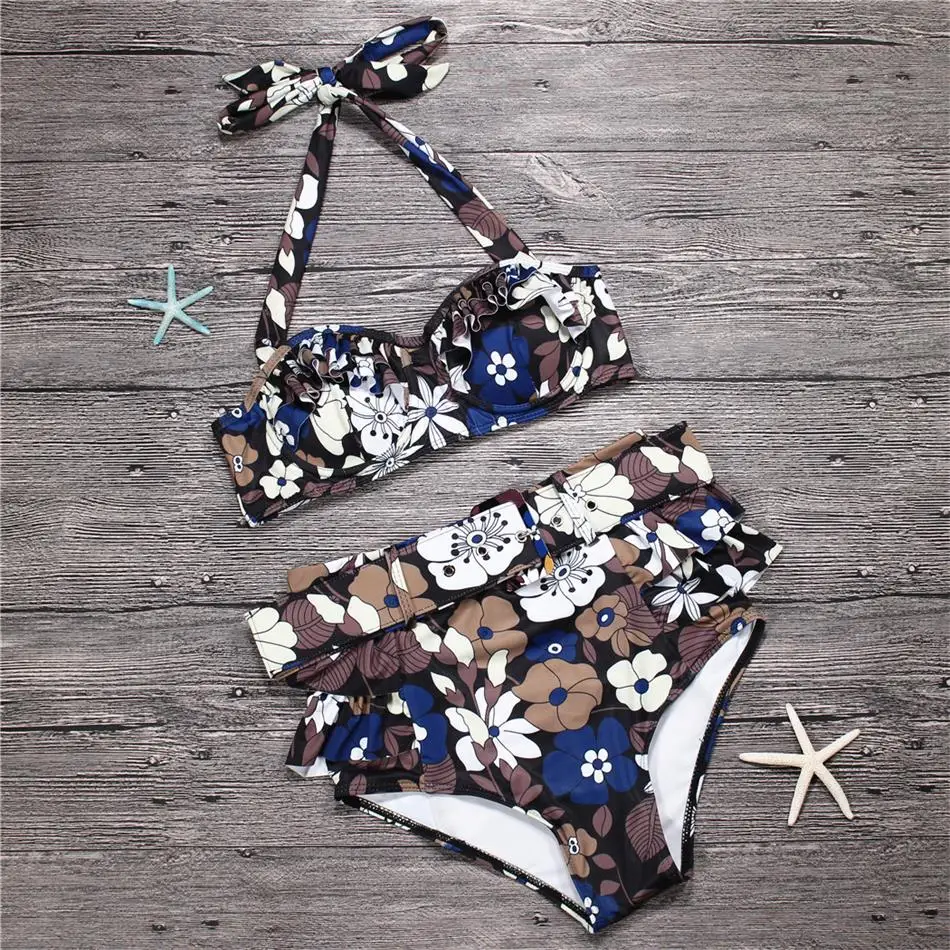 

NIDALEE Brown Print Bikini Set 2018 Wire Free Summer Bathing High Waist Lack-up Swimming Suit Triangle Padded Bandage Biquini