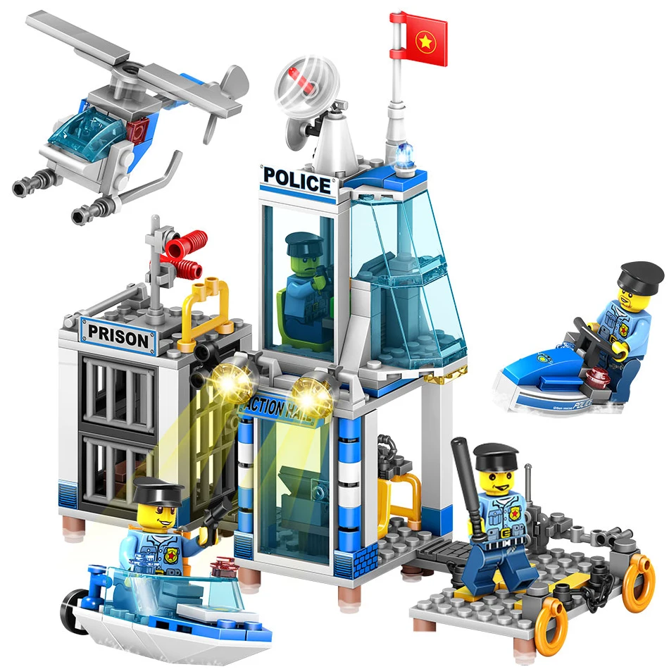 

312pcs 4 in 1 City Swat Police Station Boat Helicopter Model Building Blocks Figures Children Toys Compatible Legoingly Friends