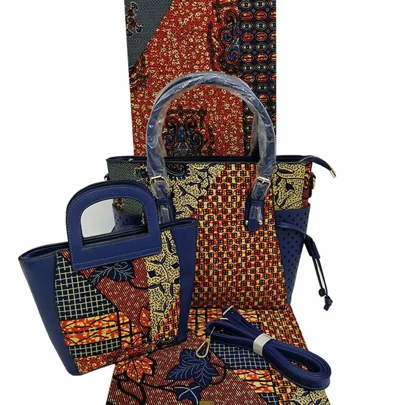

2019 Latest woman wax handbag set and 6 yards African cotton wax fabric.high quality african wax bags 3 pieces/set for party