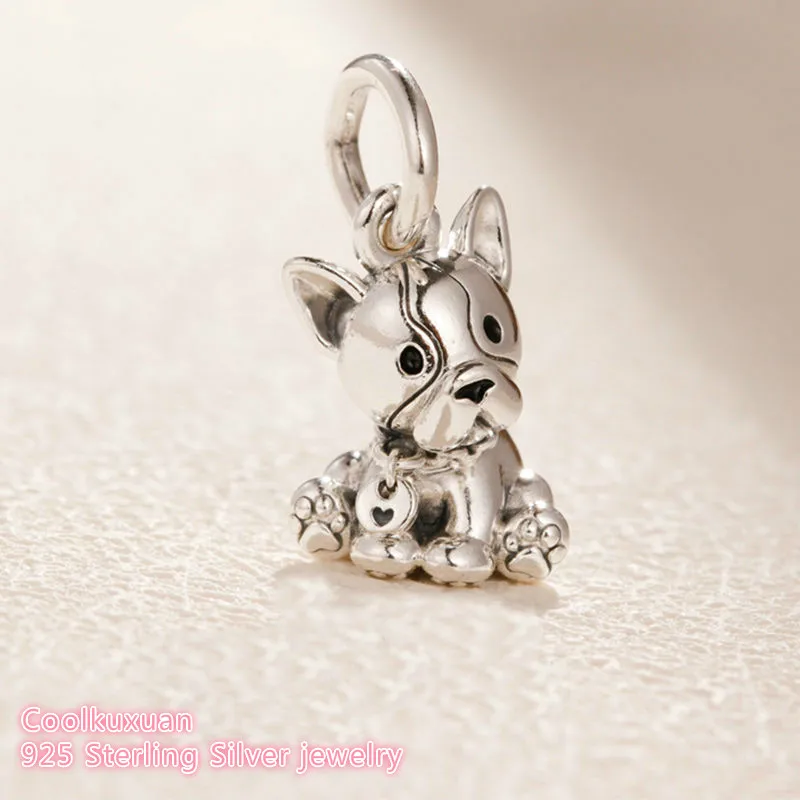 

2019 Mother's Day Original 100% 925 Sterling Silver Bulldog Puppy Dangle Charm beads Fits Pandora bracelets Jewelry Making