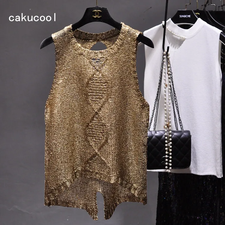 

Cakucool Women Gold Lurex knitted Camis Sexy Hollow out O-neck Holes Shirt Bling Slit Basic Tops Slim Girls Summer Camisole Lady
