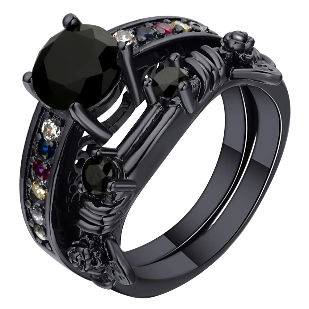 

New Vintage Two Band Black Ring Sets Princess Cut Black rainbow CZ Cubic Zirconia Engagement Jewelry for Women