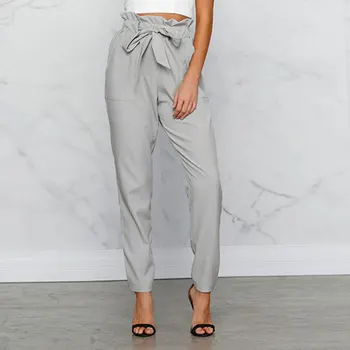 

New Autumn Winter New Slim Loose Ruffles String Belt Lace Up High Waist Women Pencil Harem Pants Trousers